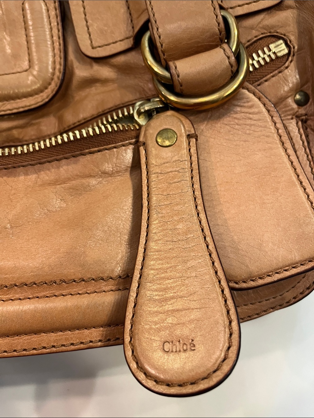 Chloe Leather Camel Shoulder Bag with Double Buckle Detail. Made in Italy. Roomy - Picture 15 of 16